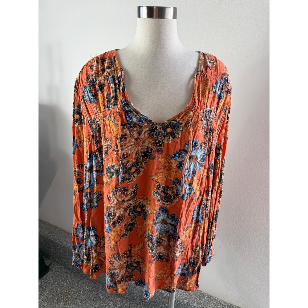 Old Navy Womens Plus 3X Orange Floral Paisley Long Sleeve Blouse Shirt Top
